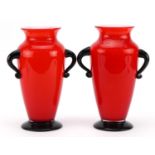 Michael Powolney for Loetz, pair of Bohemian tango glass vases with twin handles, each 26.5cm high