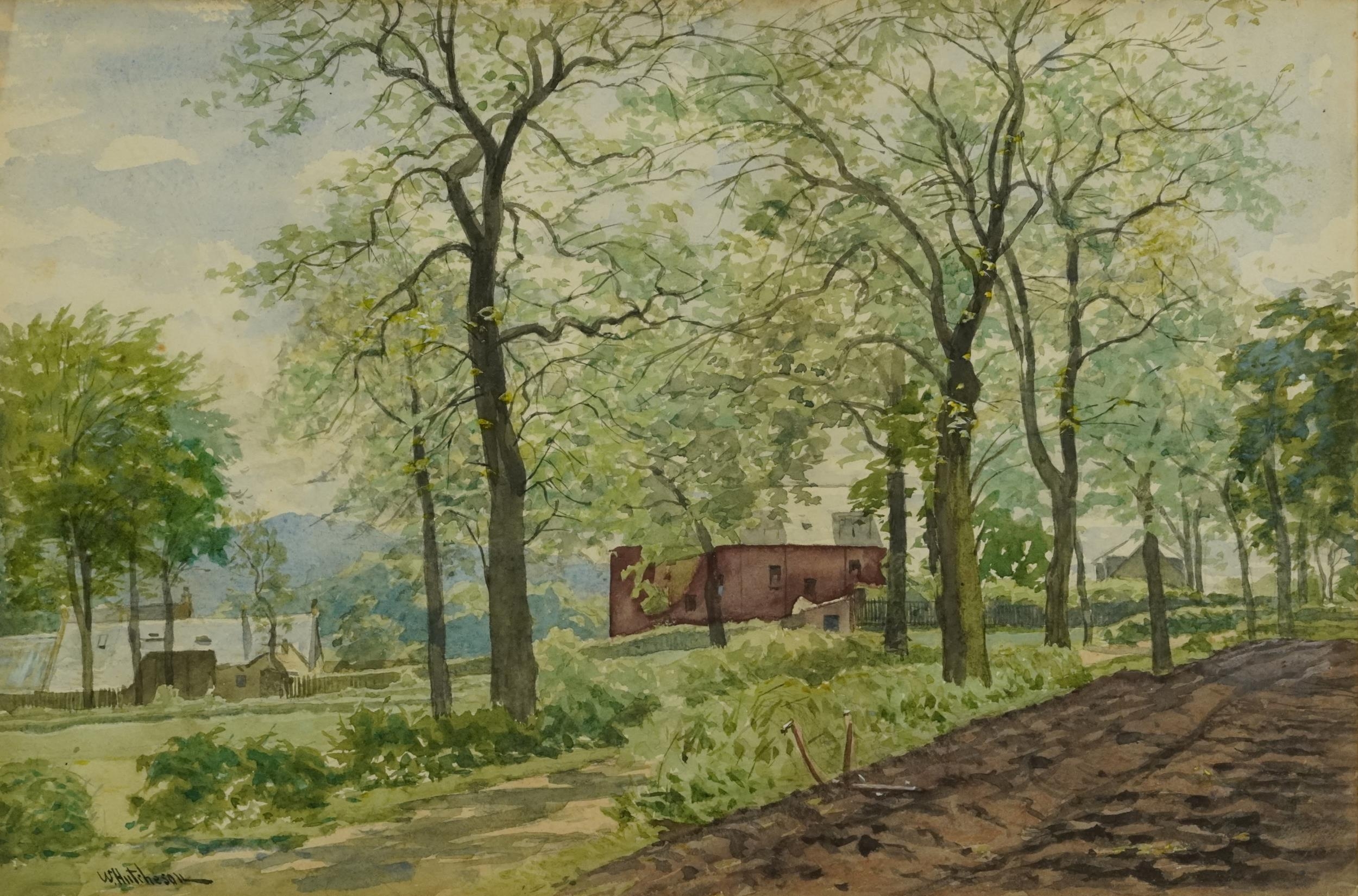 Walter Hutcheson - Rural landscape with tree lined path before buildings, late 19th/early 20th