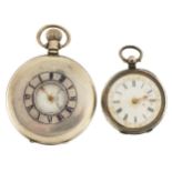 Gentlemen's silver half hunter pocket watch with blue enamel Roman numerals and a ladies silver