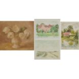 Victor Burr - Still life flowers and landscapes including Berwick, Sussex, four mixed medias,