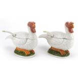 Pair of continental porcelain sauce tureens with ladles in the form of turkeys, each 23cm in length