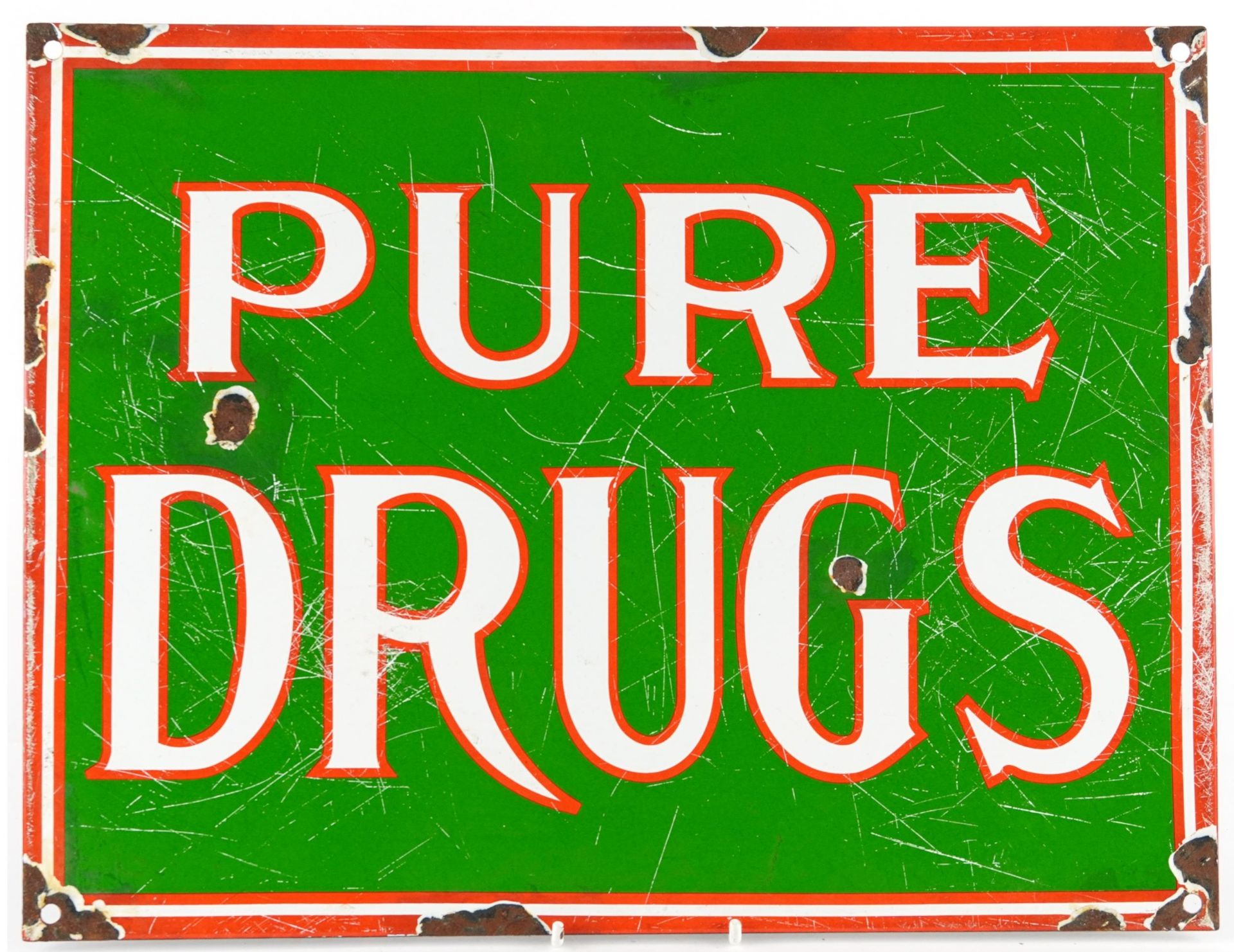 Enamel Pure Drugs advertising sign, 37cm x 29cm