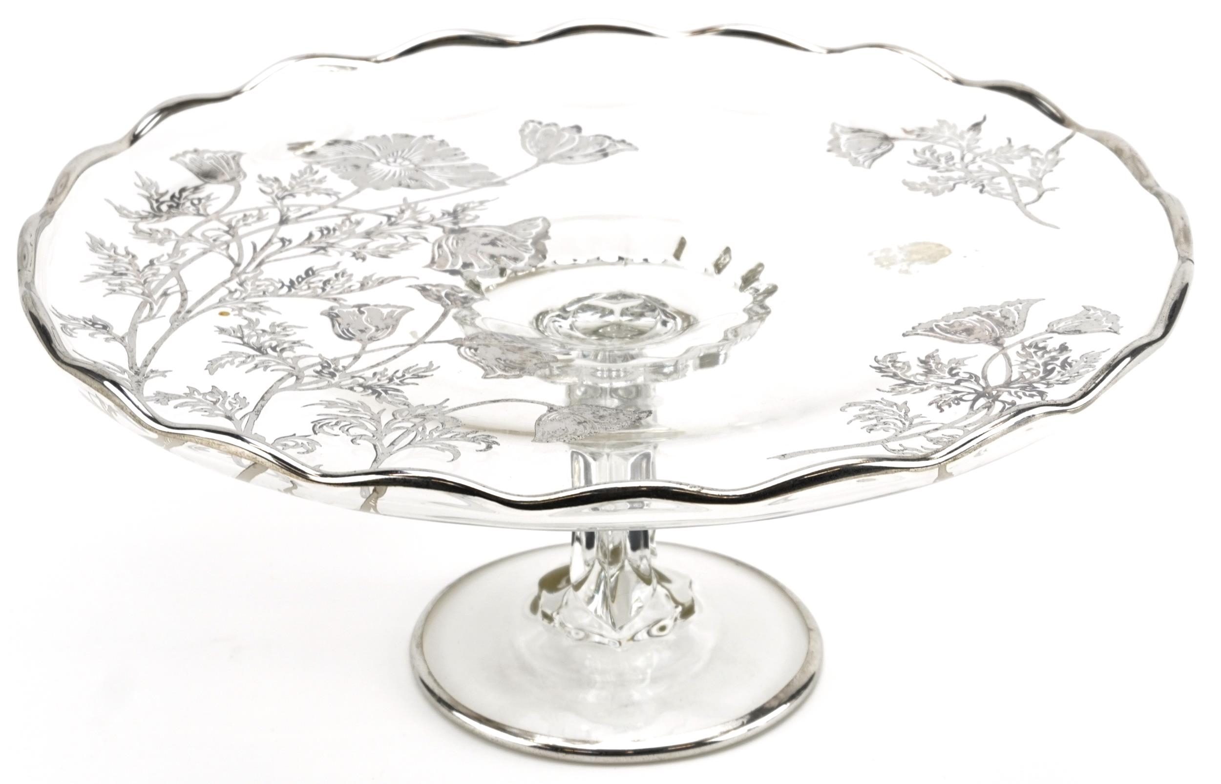 Continental silver overlaid pedestal glass tazza, 13.5cm high x 29.5cm in diameter