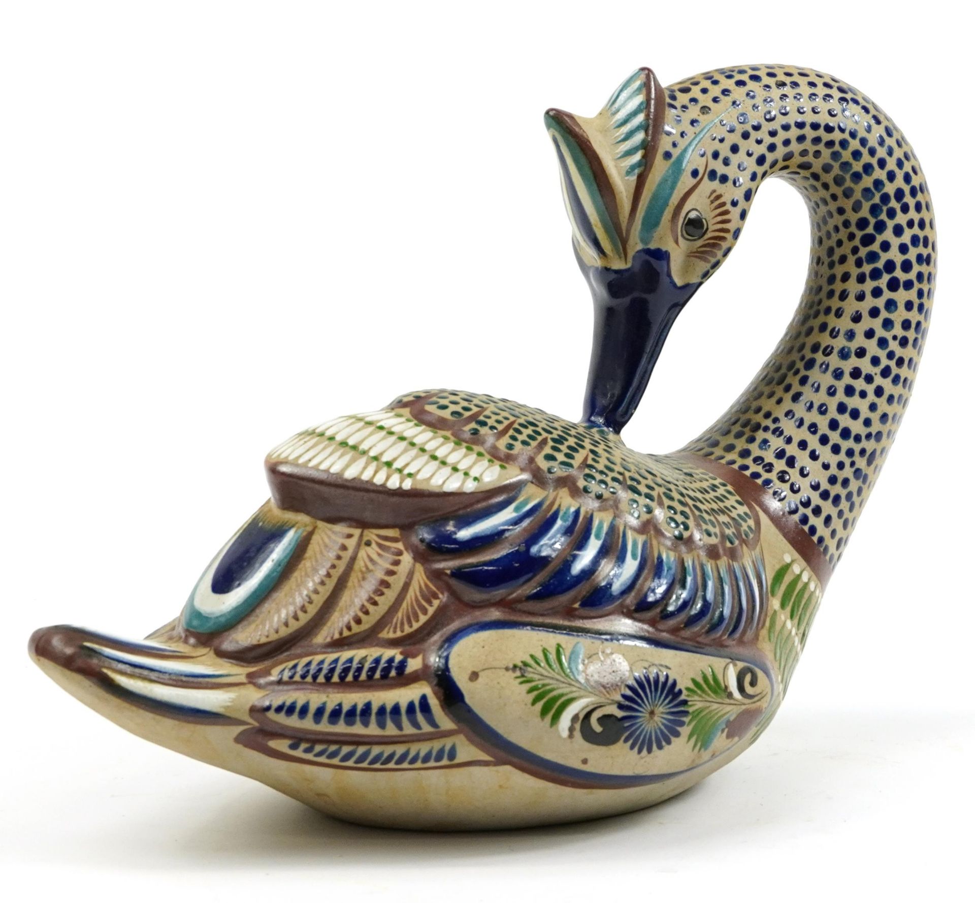 Acem, Mexican hand painted pottery swan, 35cm in length