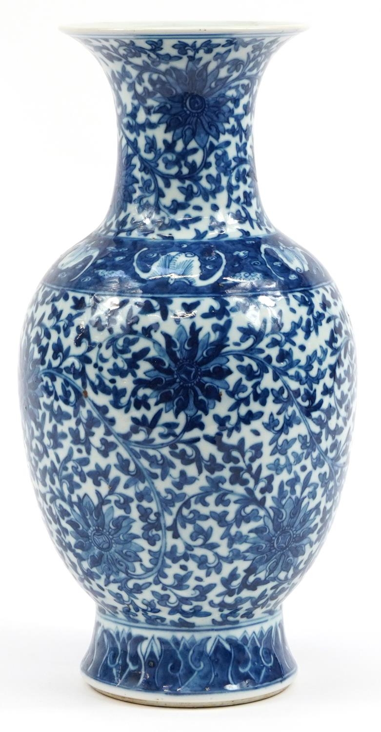 Chinese blue and white porcelain vase hand painted with bats and flower heads amongst scrolling