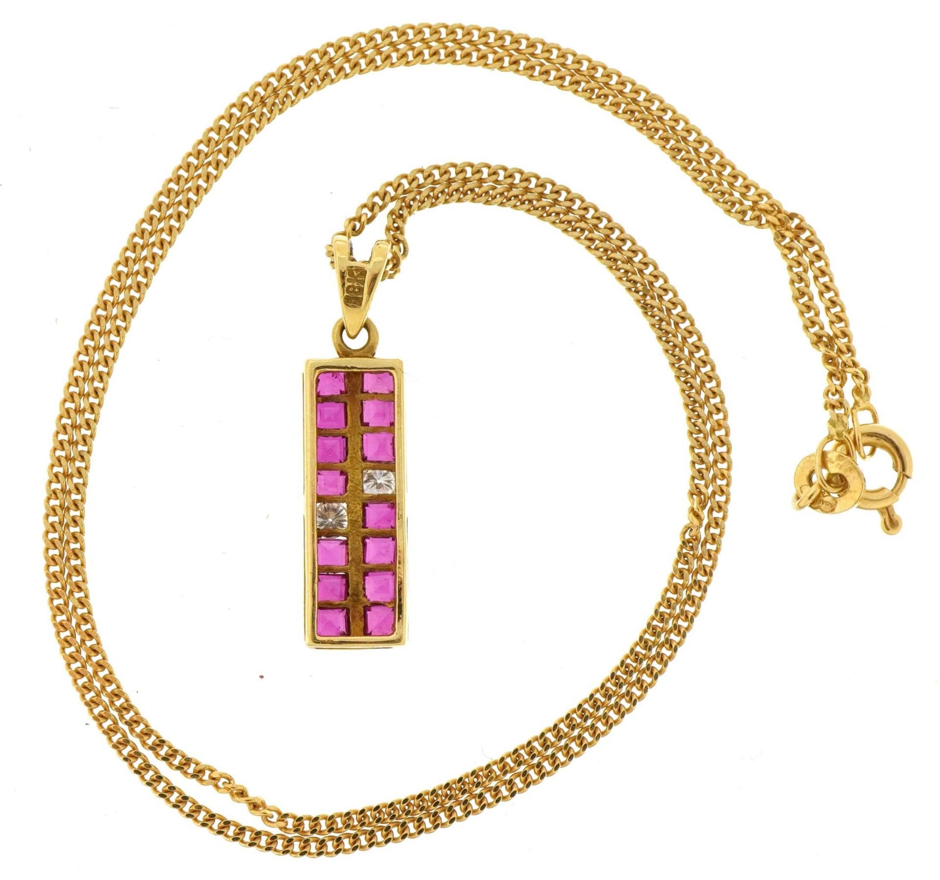 18ct gold ruby and diamond pendant on 18ct gold curb link necklace, 2.6cm high and 38cm in length, - Image 3 of 4