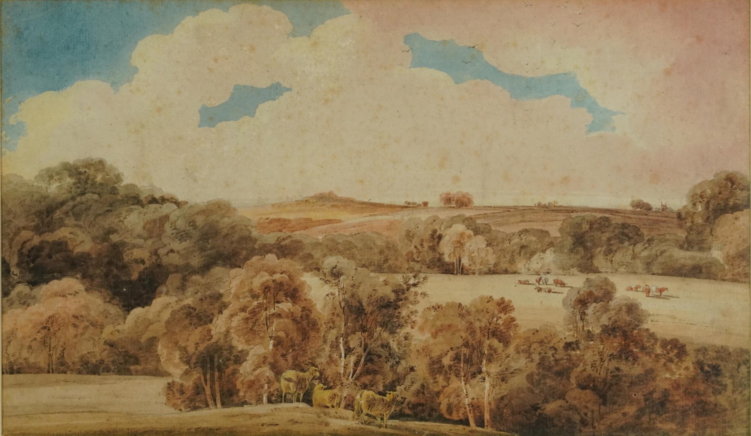 Pastoral landscape with cattle and sheep, 19th century watercolour, chalk marks verso, mounted,