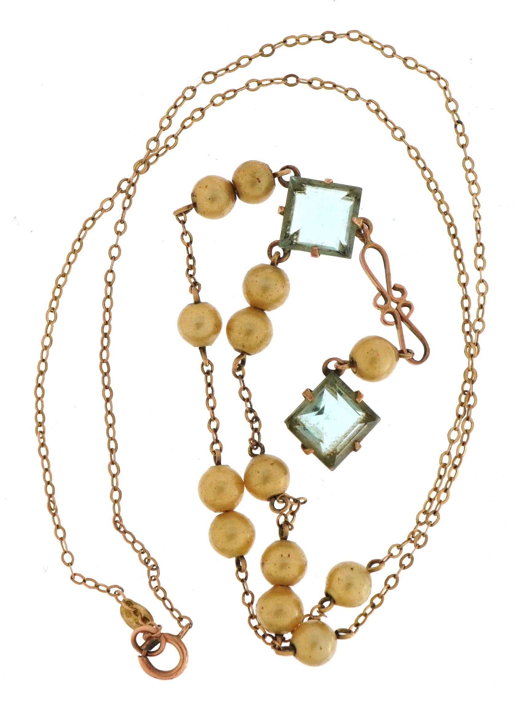 Art Deco 9ct rose gold necklace set with pearls and two blue stones, housed in a Byrne oval - Image 2 of 5