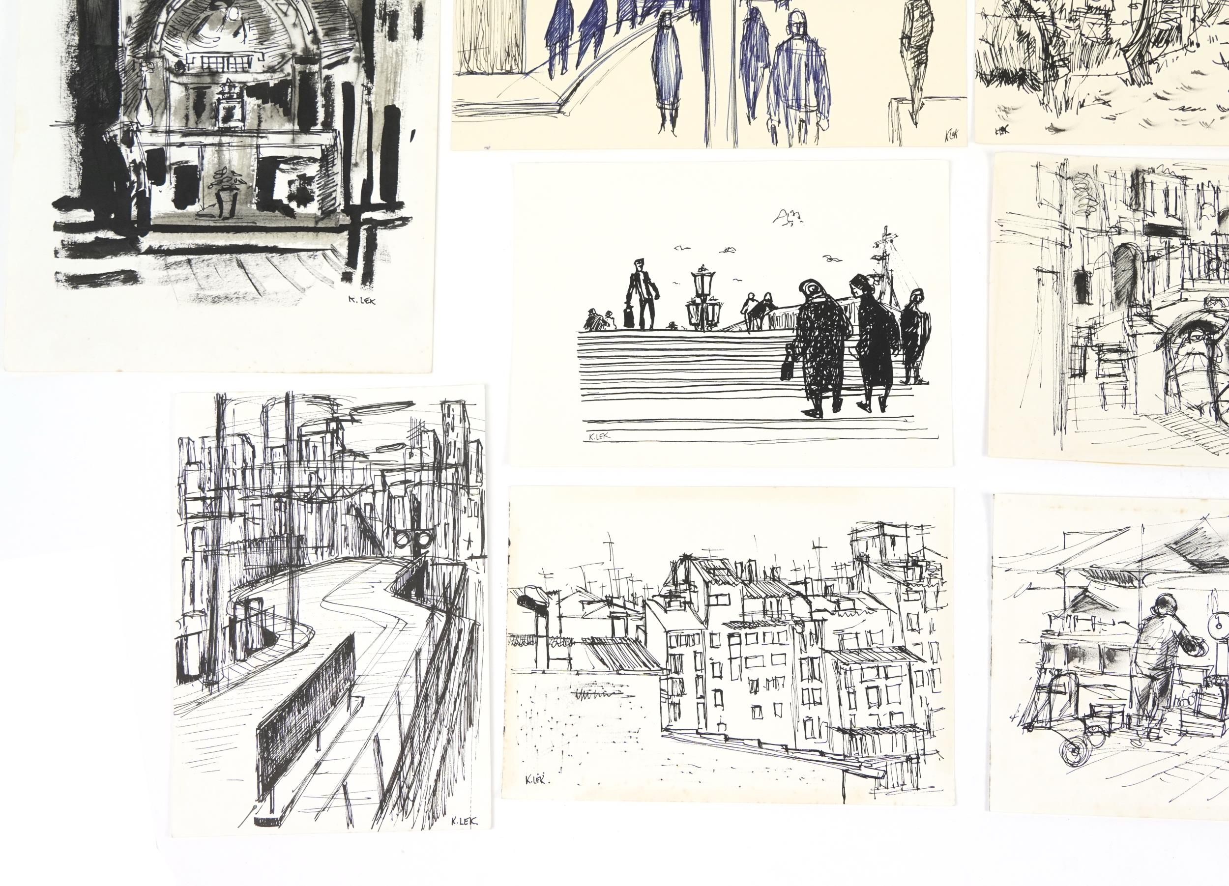 Karel Lek - Street scenes, figures and townscapes, ten Welsh ink and wash on paper, unframed, the - Image 4 of 6