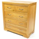 Contemporary light oak five drawer chest, 94cm H x 90cm W x 45cm D