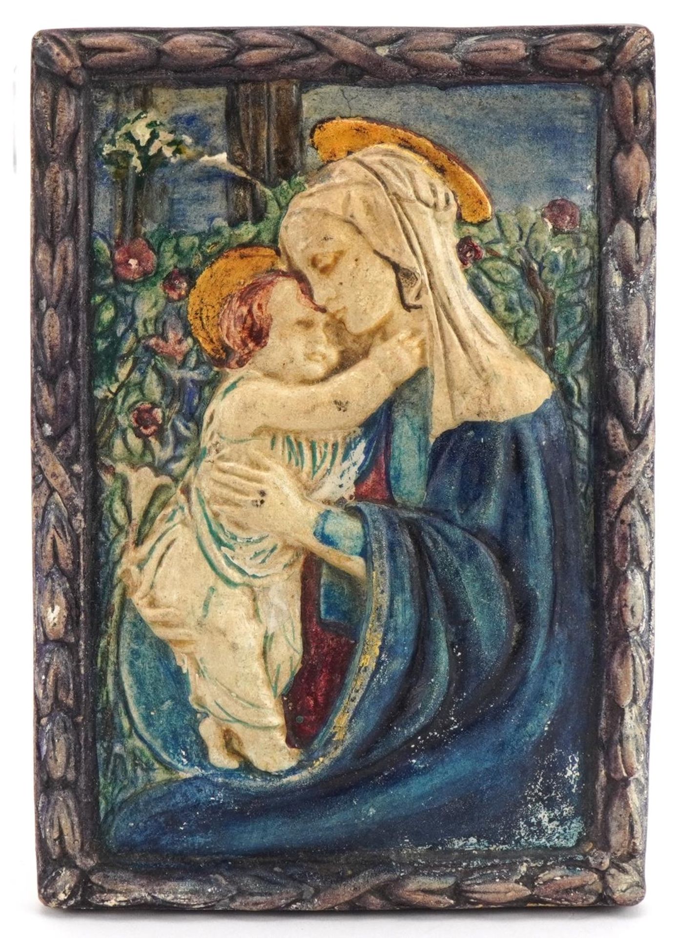 Mary Watts for Compton, Arts & Crafts wall plaque hand painted and decorated in relief with