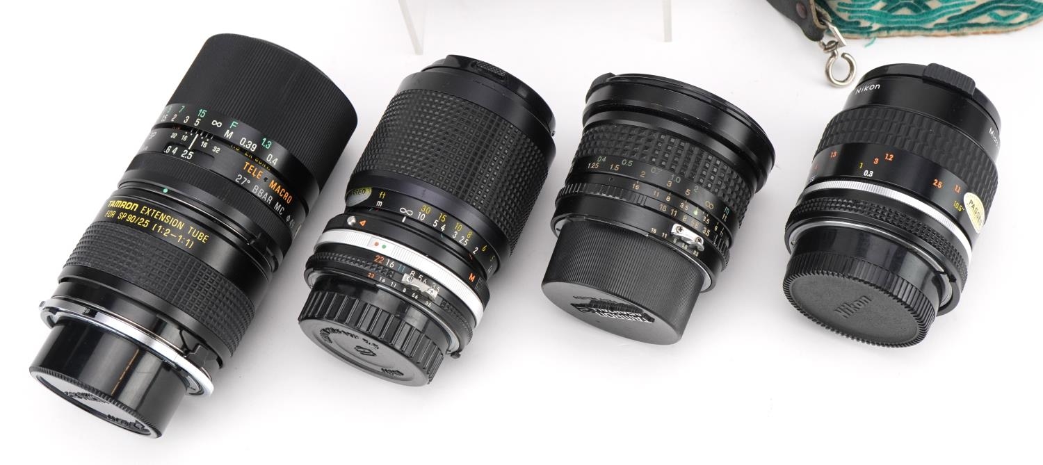 Nikkormat EL camera with four lenses comprising Tamron 90mm, Tokina 17mm, Nikkor 55mm and Kikkor - Image 5 of 5