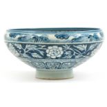 Very large Chinese Islamic blue and white porcelain footed bowl hand painted with phoenixes