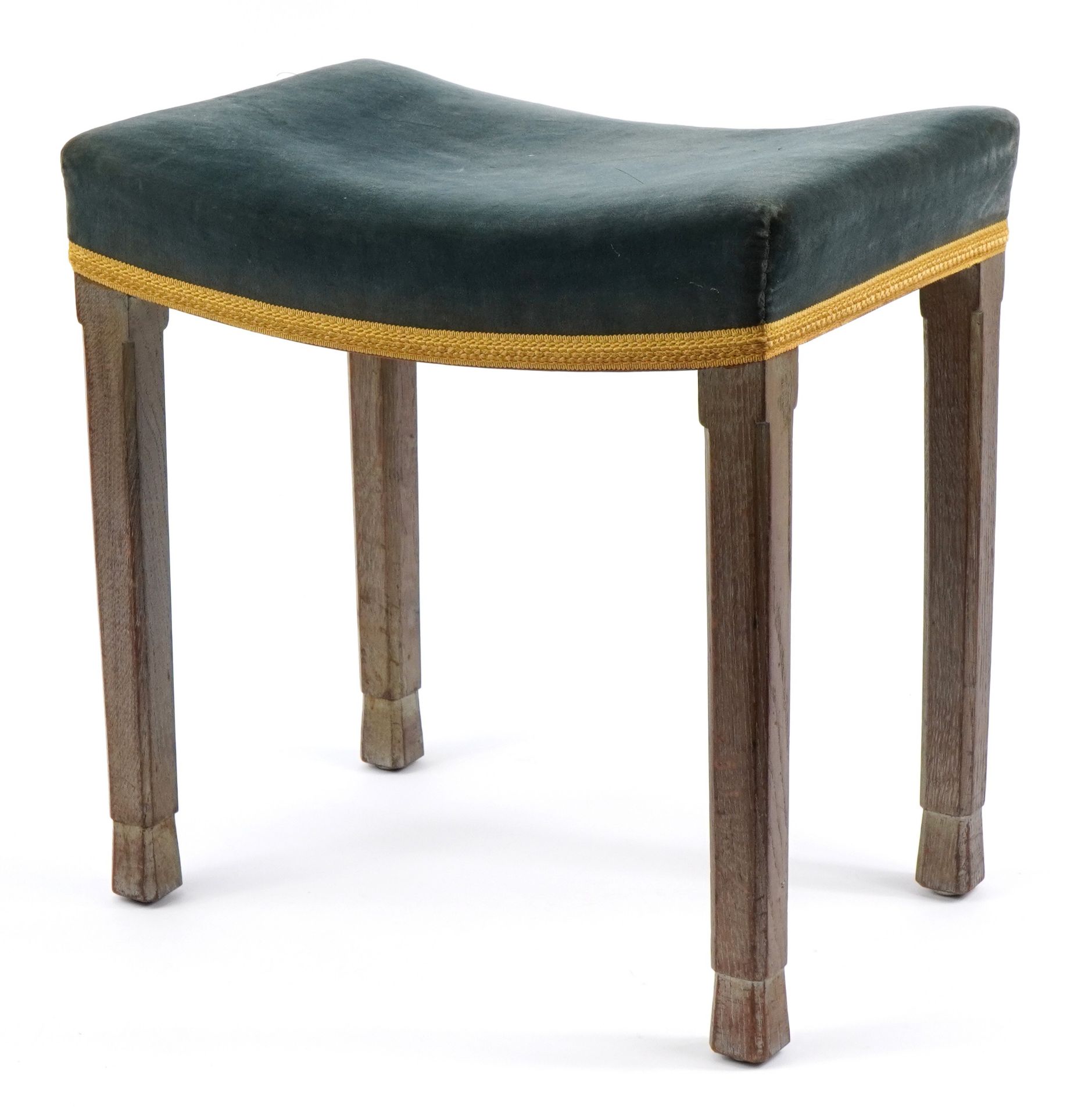 Elizabeth II oak framed Coronation stool with blue upholstered seat, impressed Glenister Wycombe and - Bild 3 aus 4