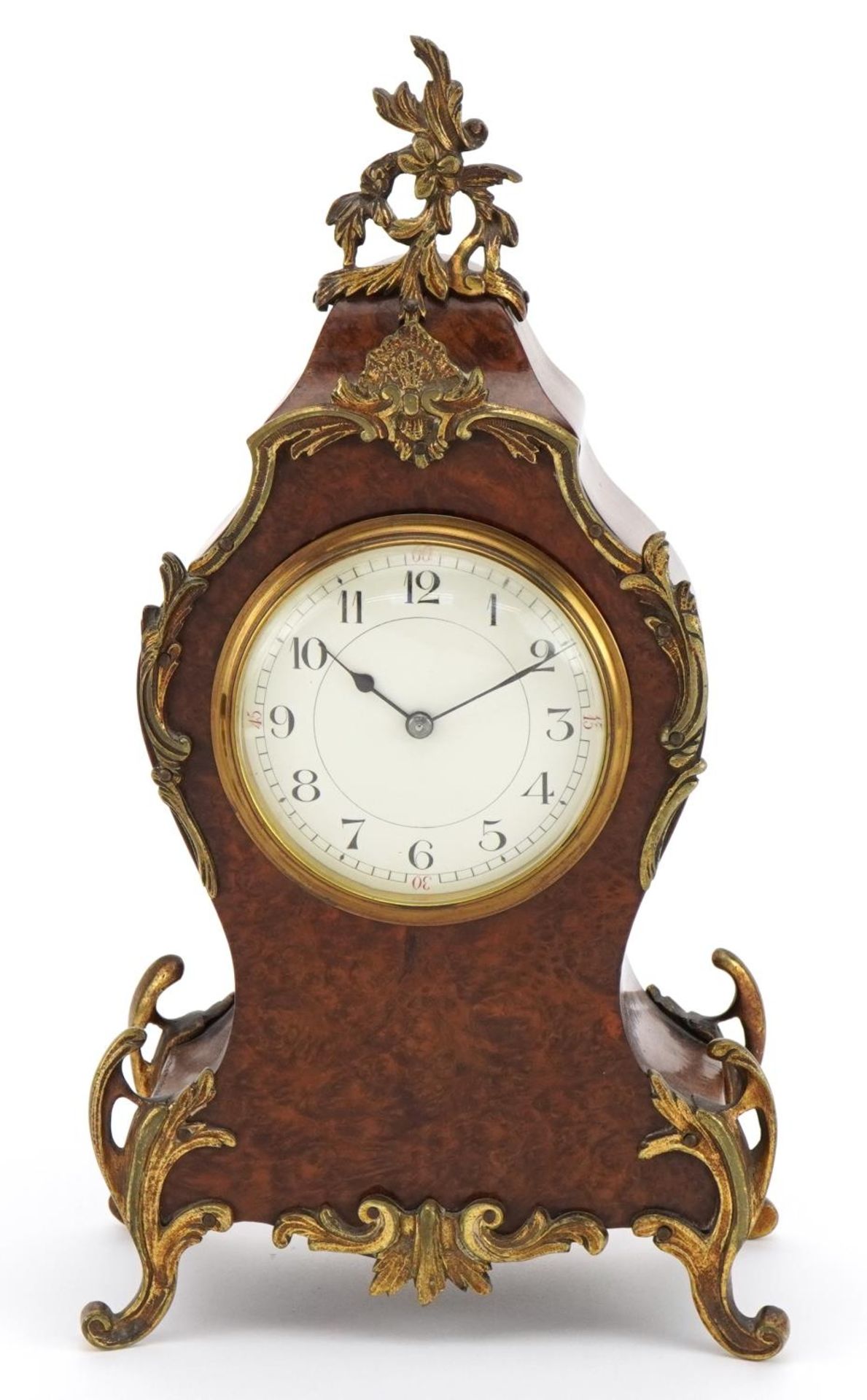 19th century French bird's eye maple cartouche shape mantle clock with ornate brass mounts having - Bild 2 aus 5