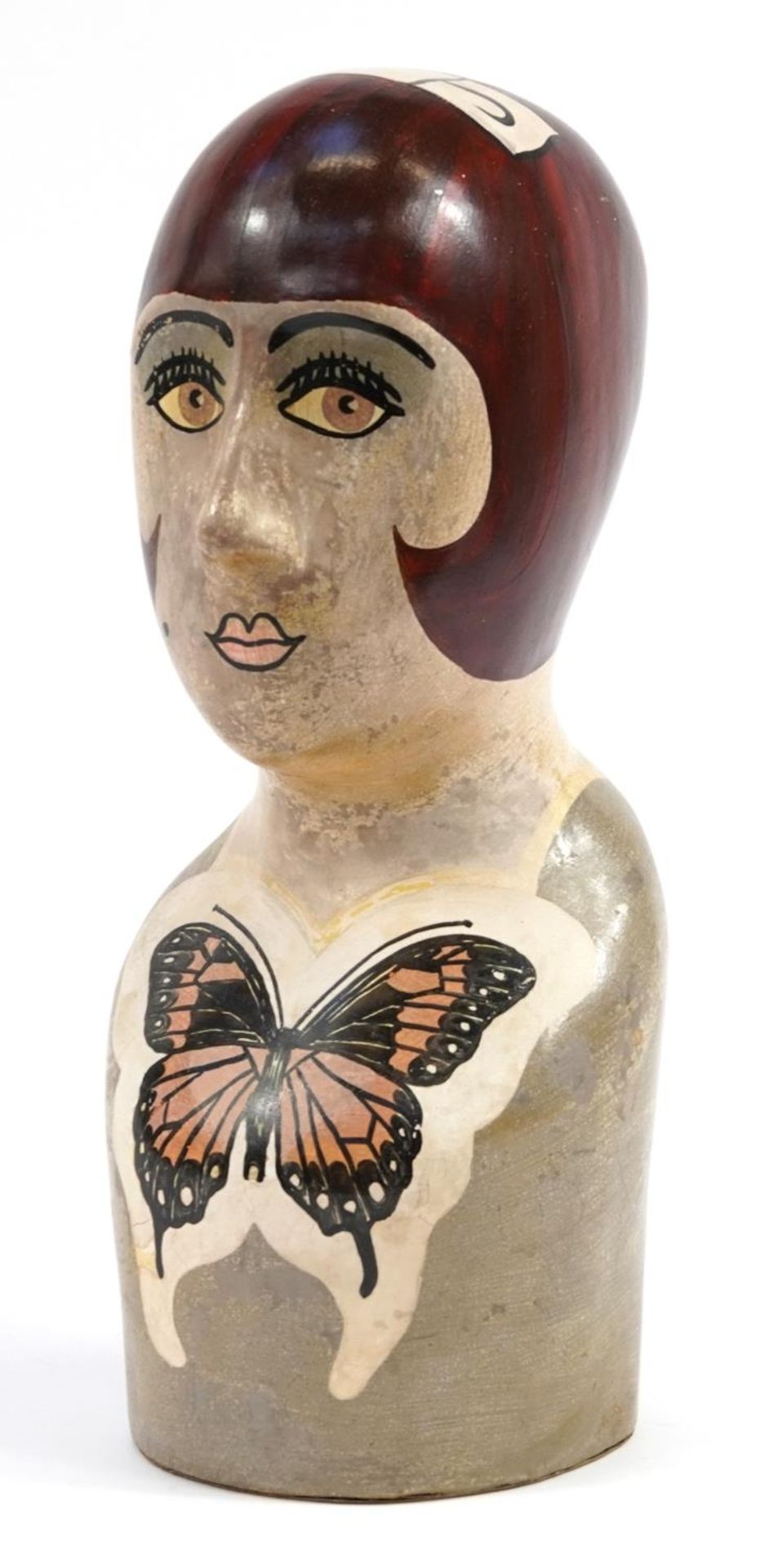 Contemporary hand painted bust of a female by Molly Moss, signed to the base, 43.5cm high