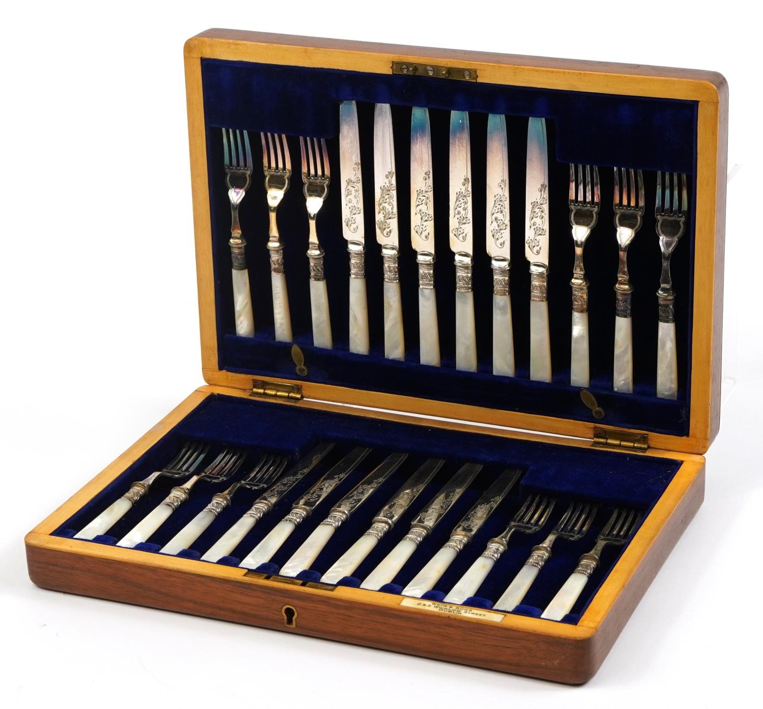 Set of twelve silver plated fish knives and forks housed in a Weir & Sons Dublin canteen with