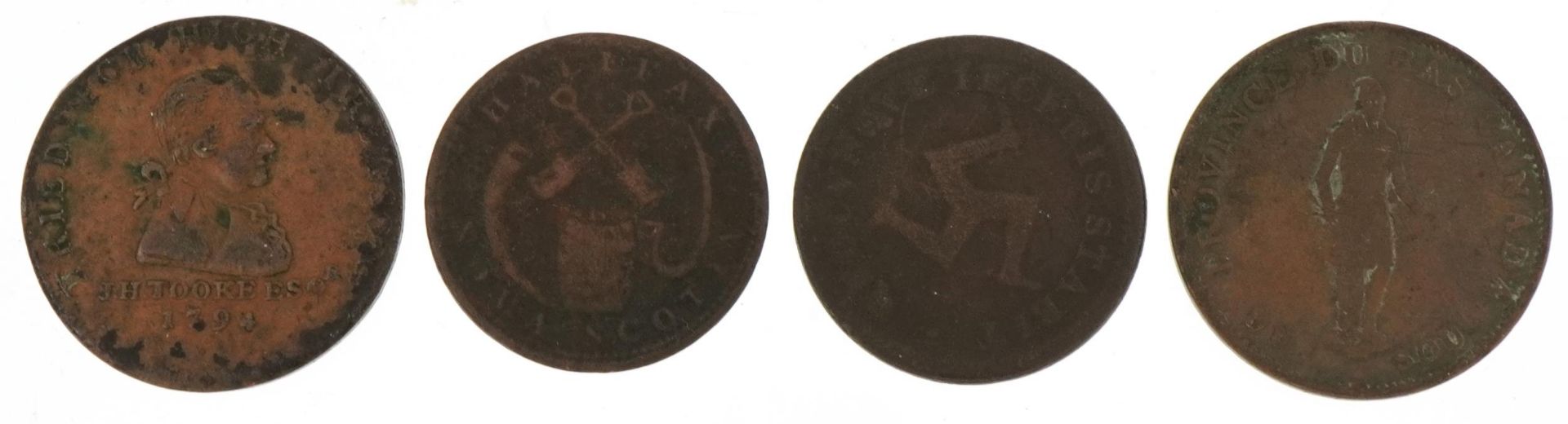 Four 17th/18th century halfpenny tokens including J H Tooke