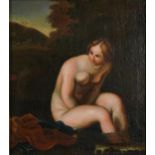 Nude female bathing before a landscape, Old Master style oil on canvas housed in a gilt frame,