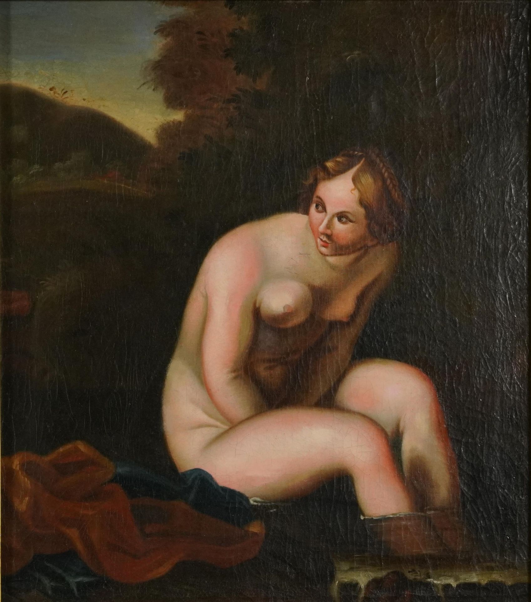 Nude female bathing before a landscape, Old Master style oil on canvas housed in a gilt frame,