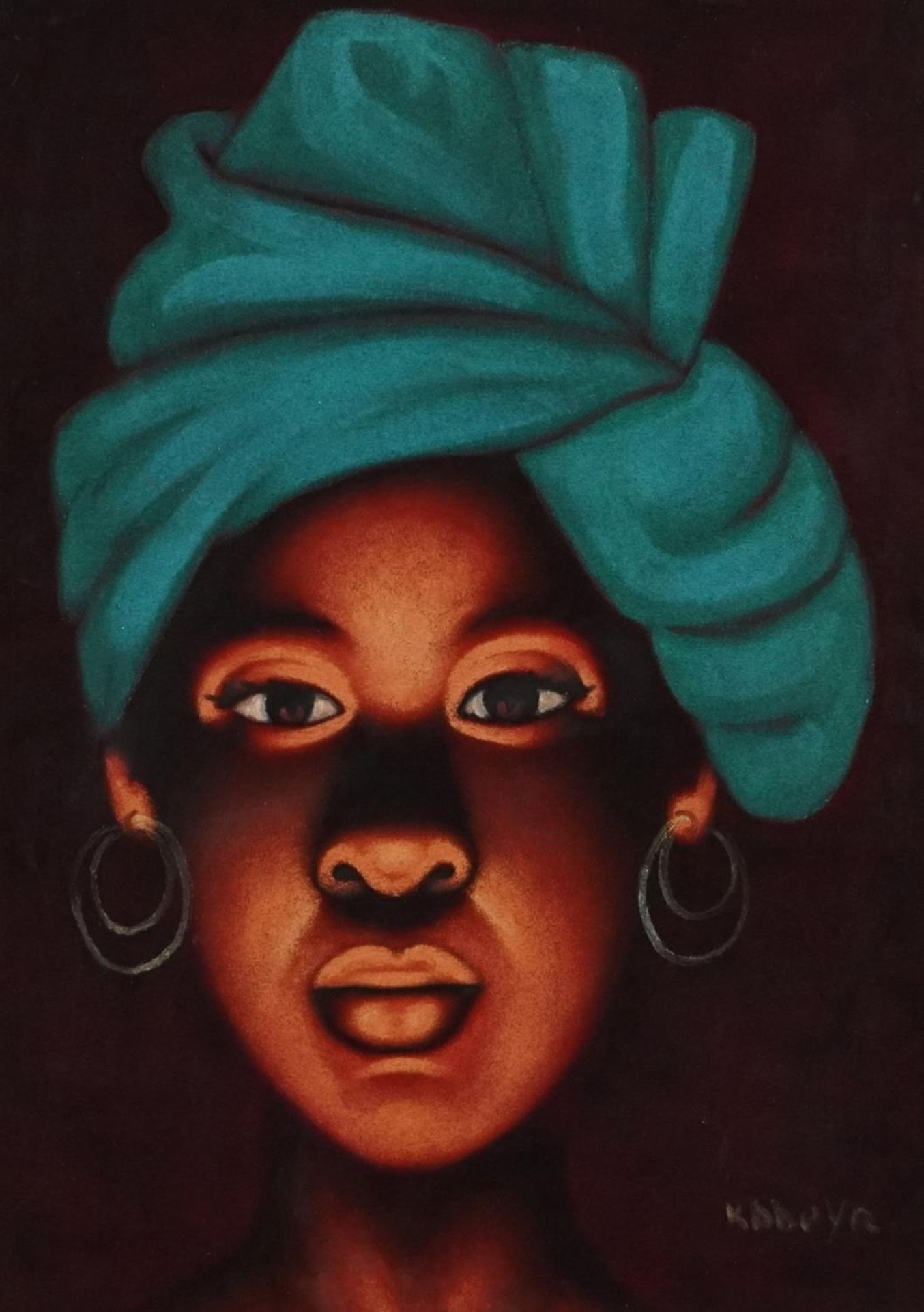 Kabuya - Female wearing a headscarf, African signed mixed media, framed and glazed, 44cm x 33.5cm