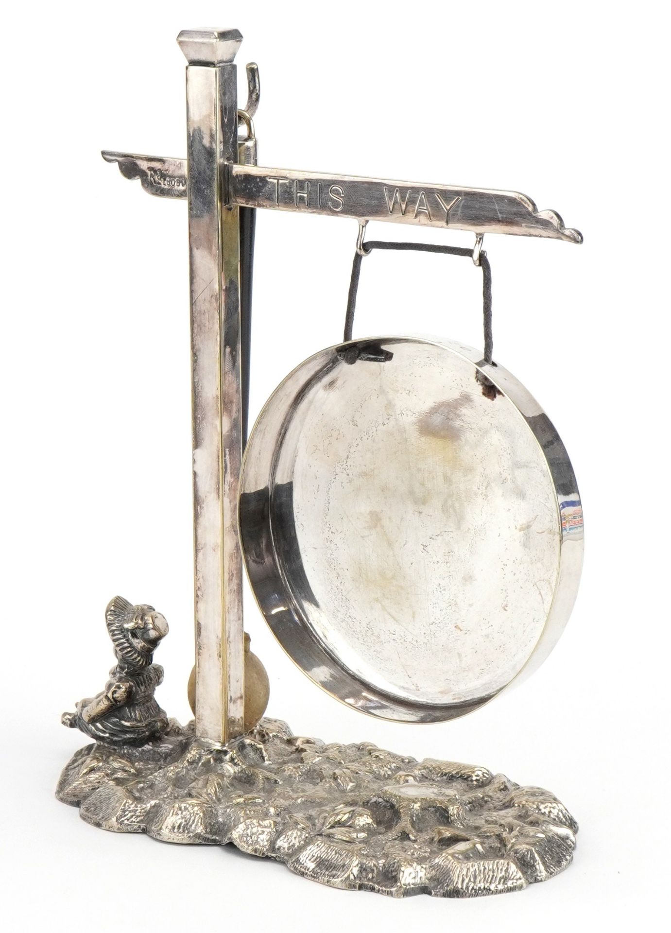 Victorian silver plated gong in the form of a This Way road sign, registered design number 16060, - Image 3 of 4