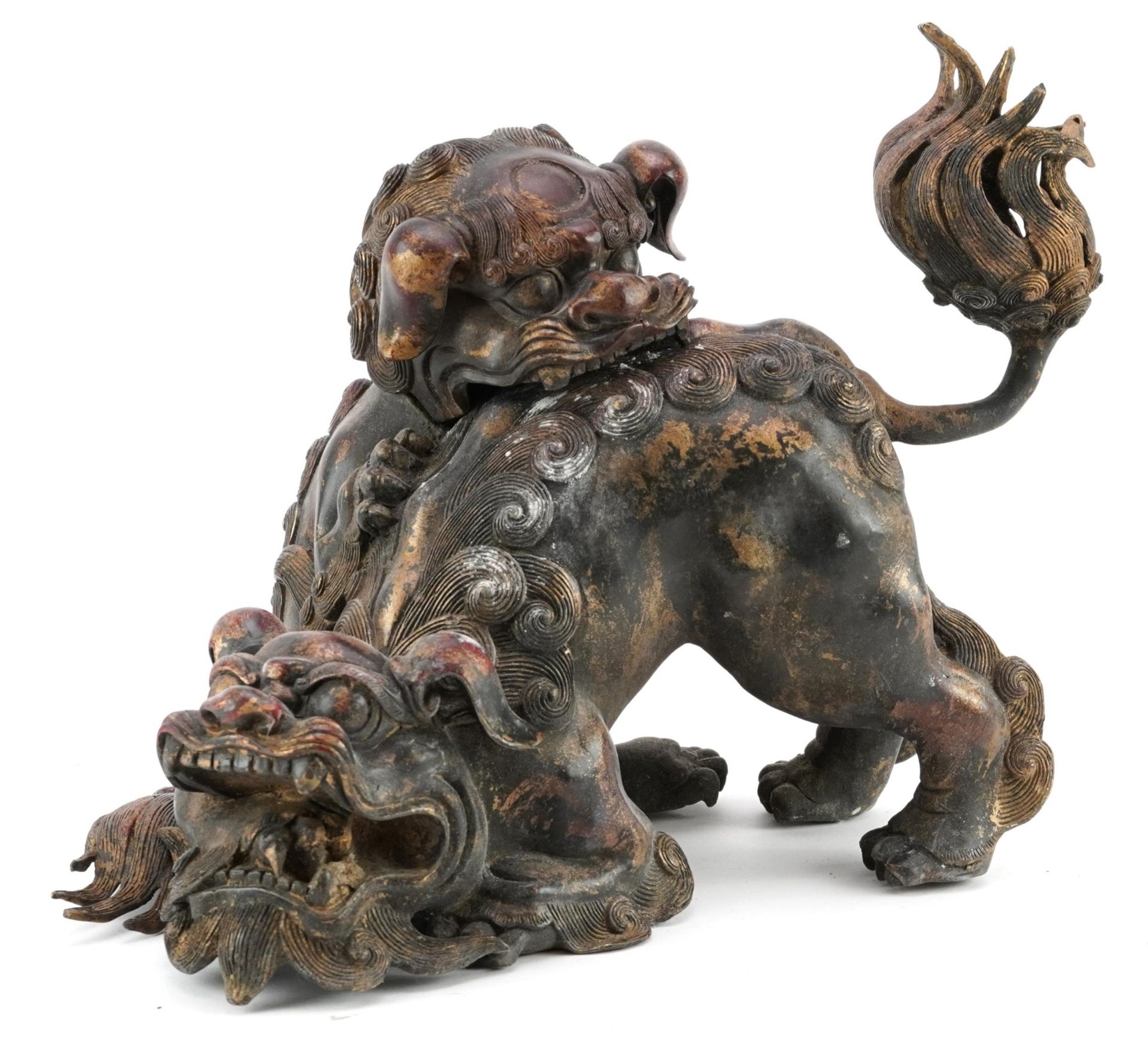 Chinese partially gilt bronze incense burner in the form of two qilins, 29cm in length