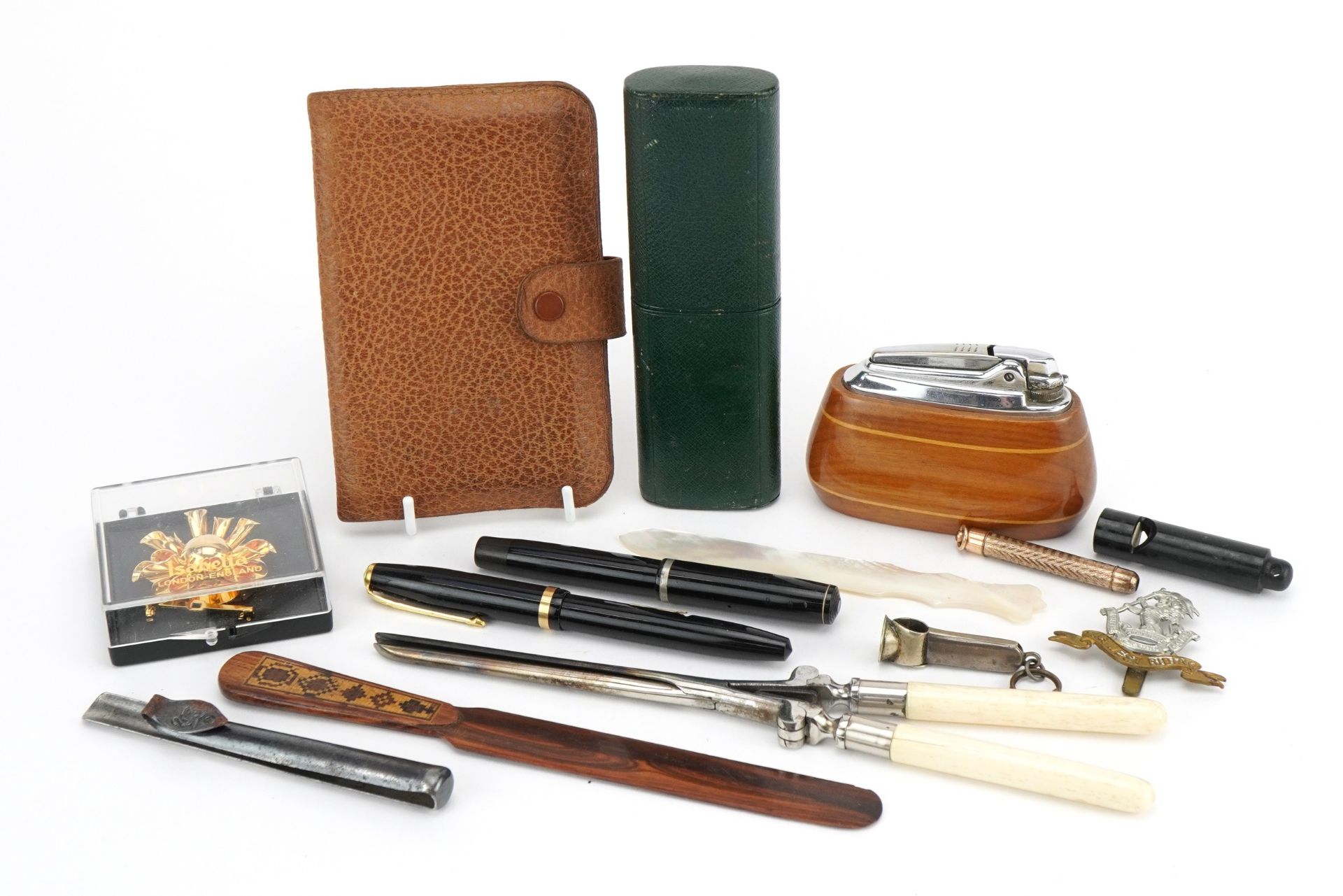 Victorian and later objects and sundry items including silver mounted, cigar cutter, fountain pen