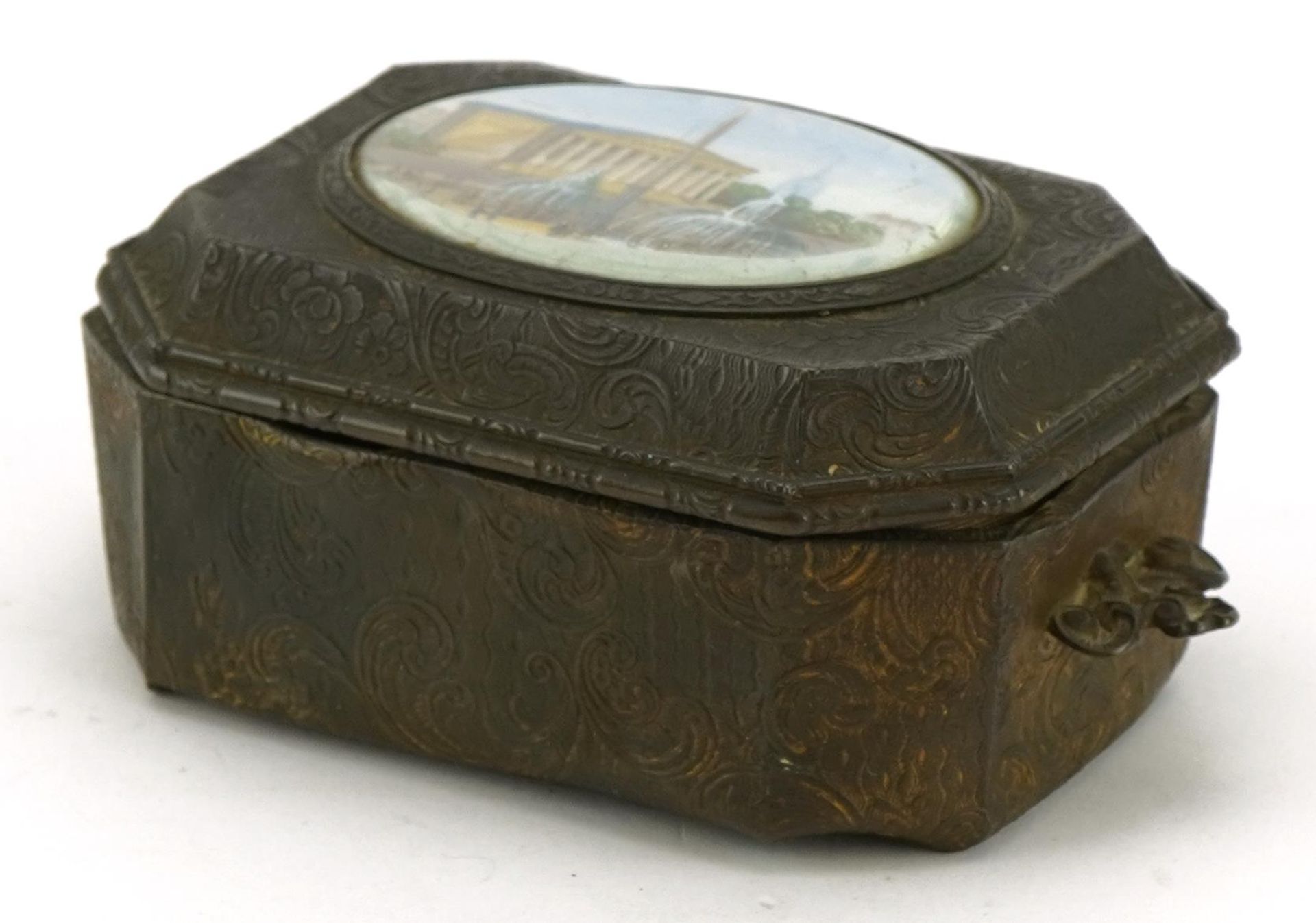 19th century brass jewel casket with hinged lid having an inset oval panel hand painted with a