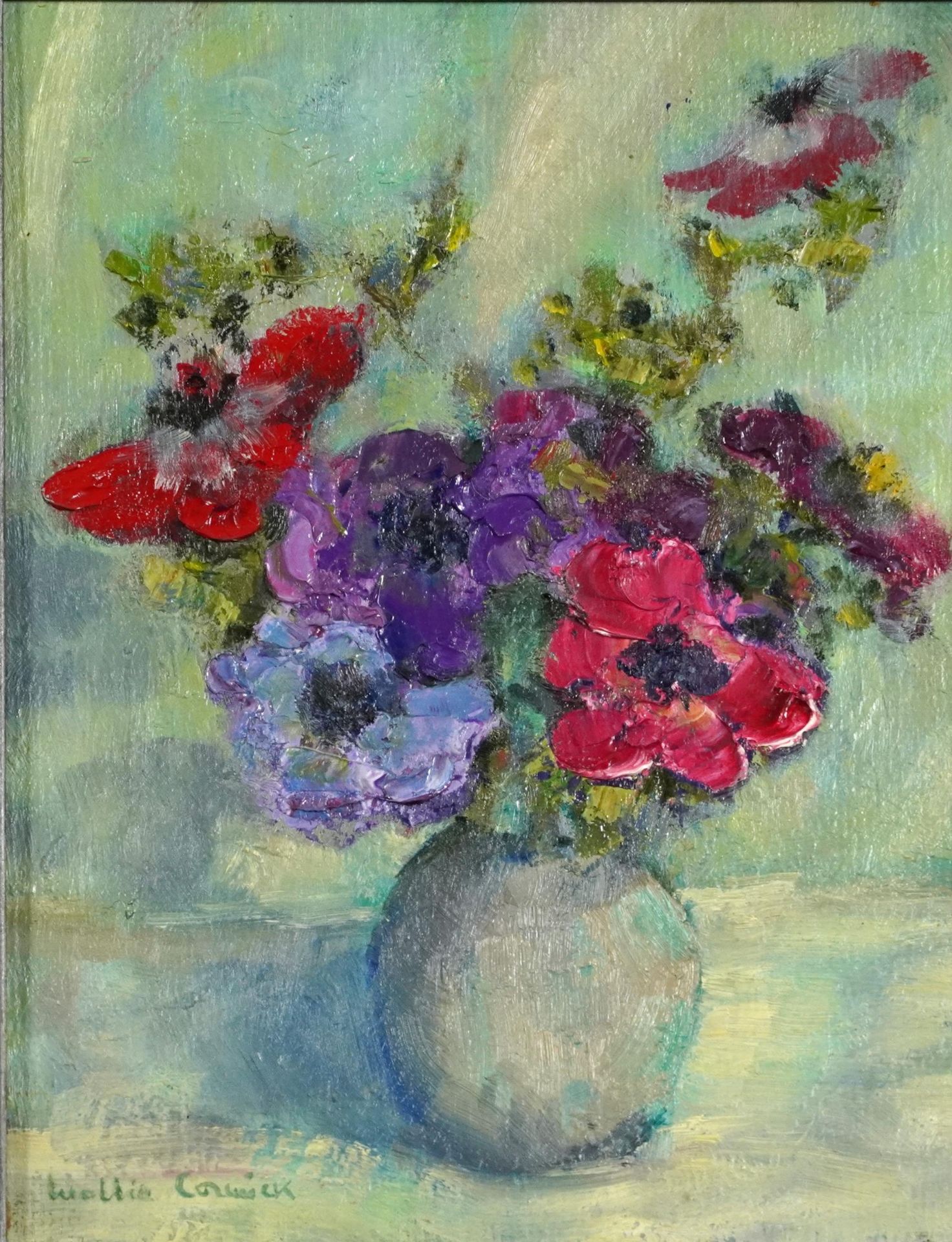 Mollie Cormick - Still life, Anemones, Impressionist Impasto oil on board, details verso, framed,