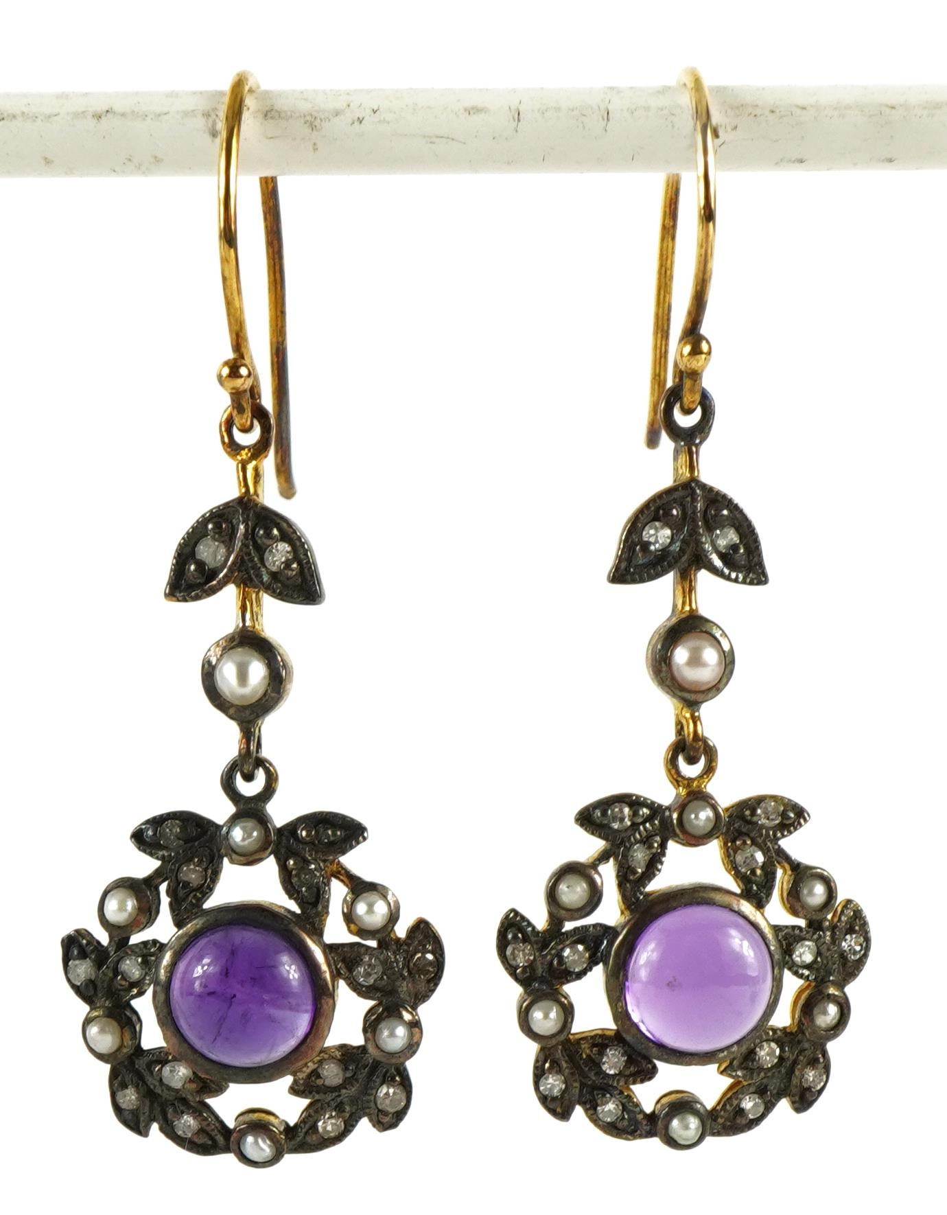 Pair of 9ct gold and silver cabochon amethyst, seed pearl and diamond flower head drop earrings, 4.