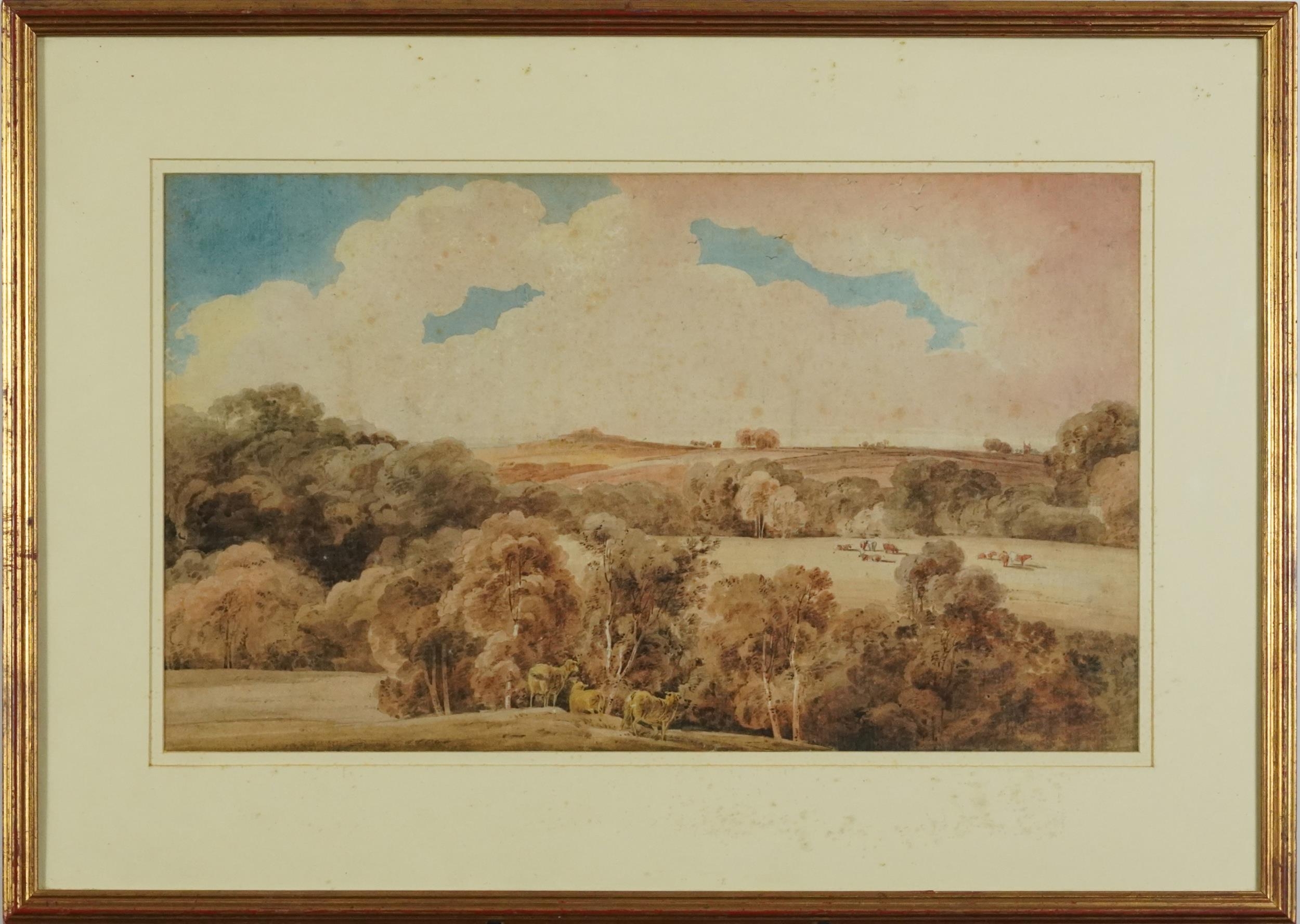 Pastoral landscape with cattle and sheep, 19th century watercolour, chalk marks verso, mounted, - Image 2 of 3