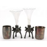 Pair of naturalistic silver plated epergne holders with squirrels and glass flutes together with two