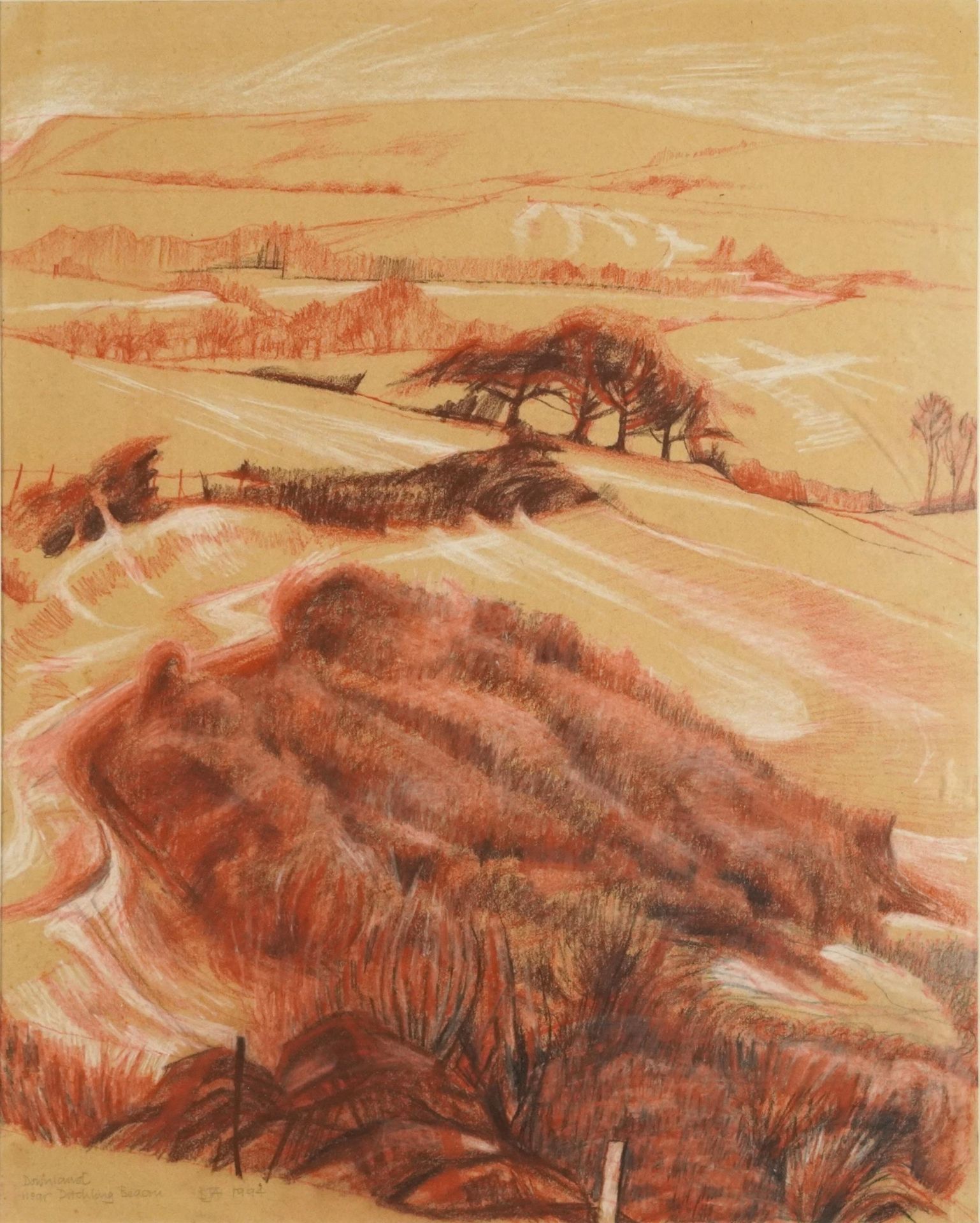 Downland, near Ditchling Beacon, coloured chalk, monogrammed BJA and dated 1994, inscribed verso
