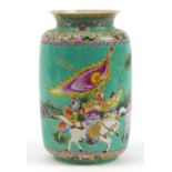 Chinese porcelain turquoise ground vase hand painted with warriors in a landscape, iron red six