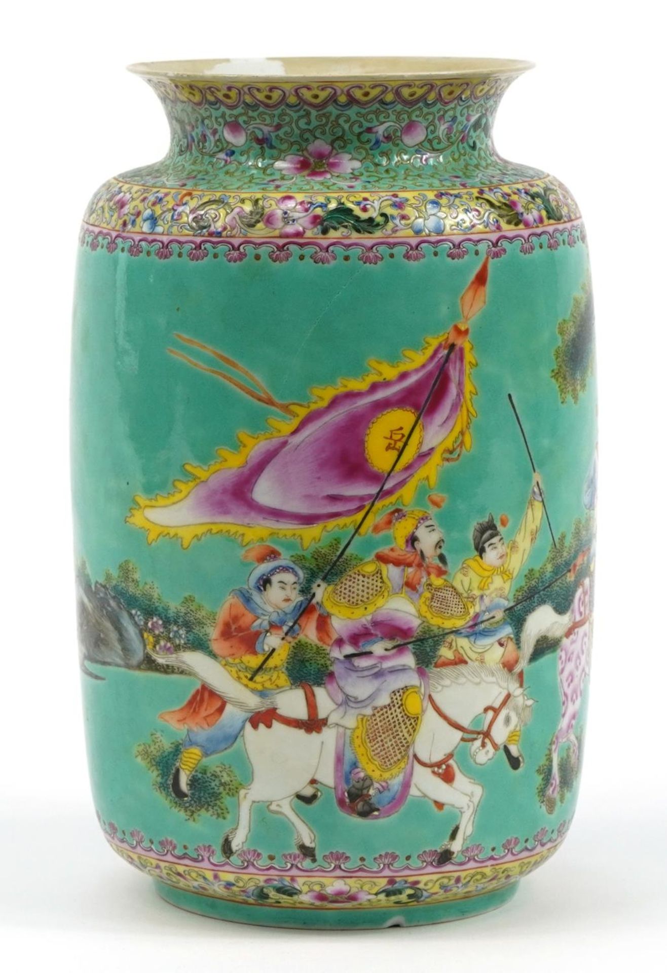 Chinese porcelain turquoise ground vase hand painted with warriors in a landscape, iron red six