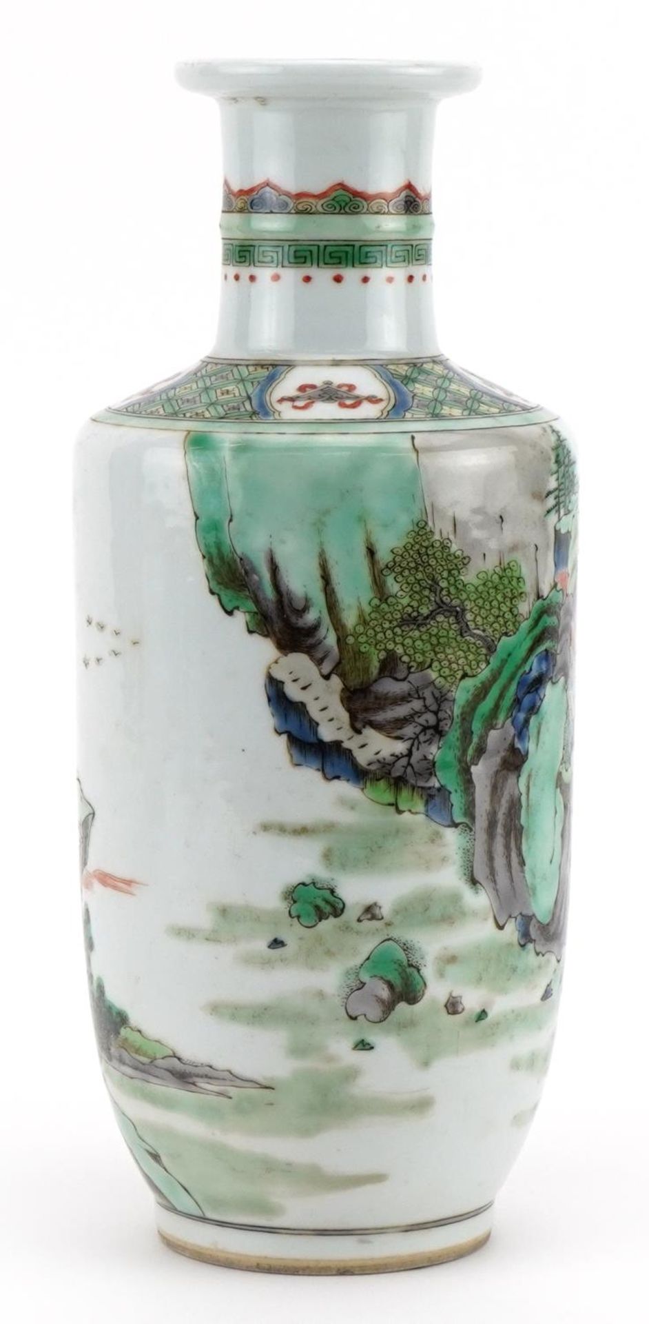 Chinese porcelain Rouleau vase hand painted in the famille rose palette with a figure in a - Image 2 of 3