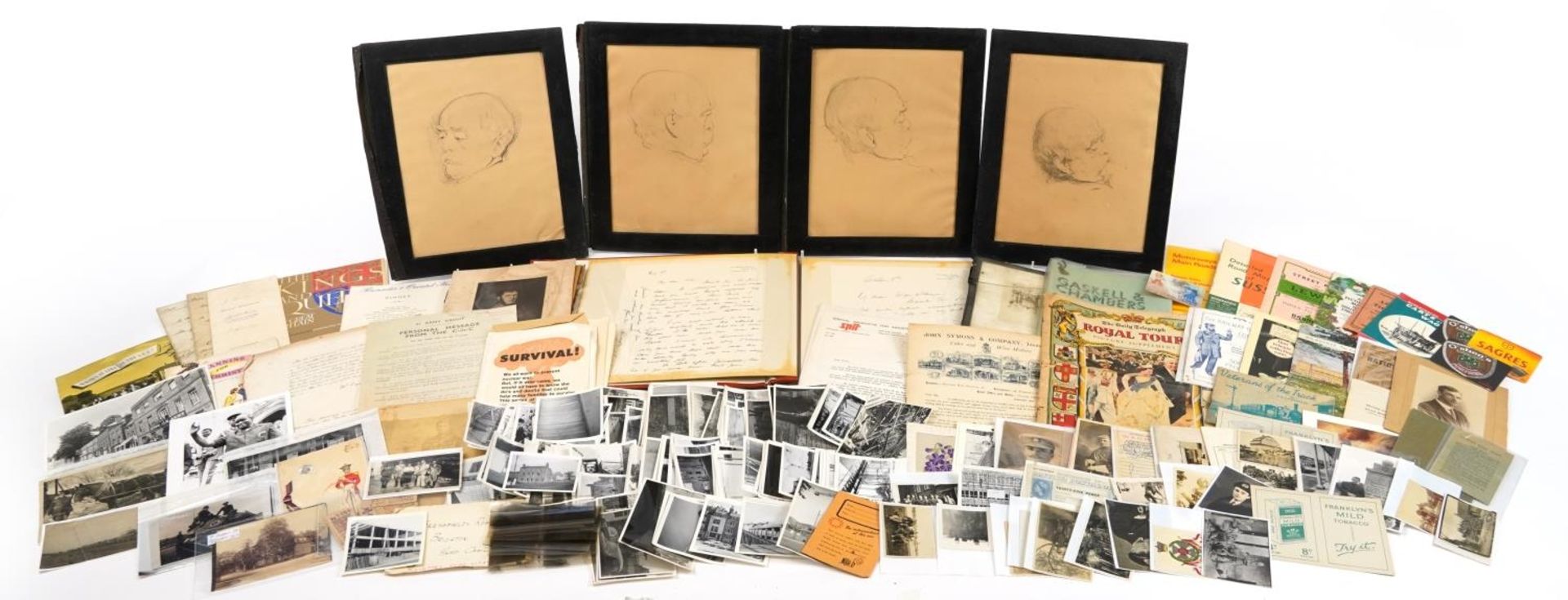 Antique and later ephemera including silk postcards, black and white photograph of a workhorse and
