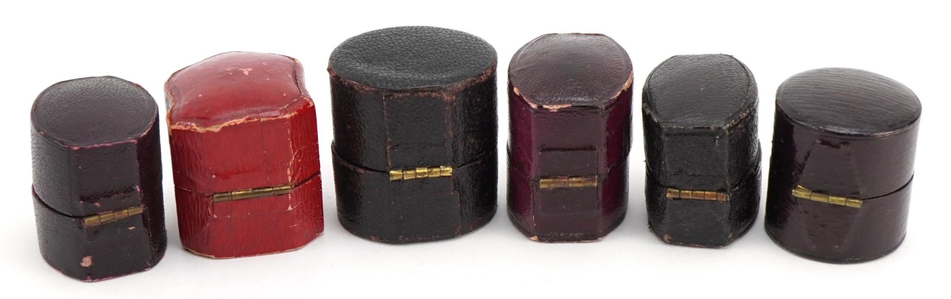 Six Georgian and later leather, velvet and silk lined ring boxes including Edwin Clark and - Image 3 of 4