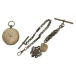 Ladies silver pocket watch with engraved decoration and two watch chains, one with T bar and 1865