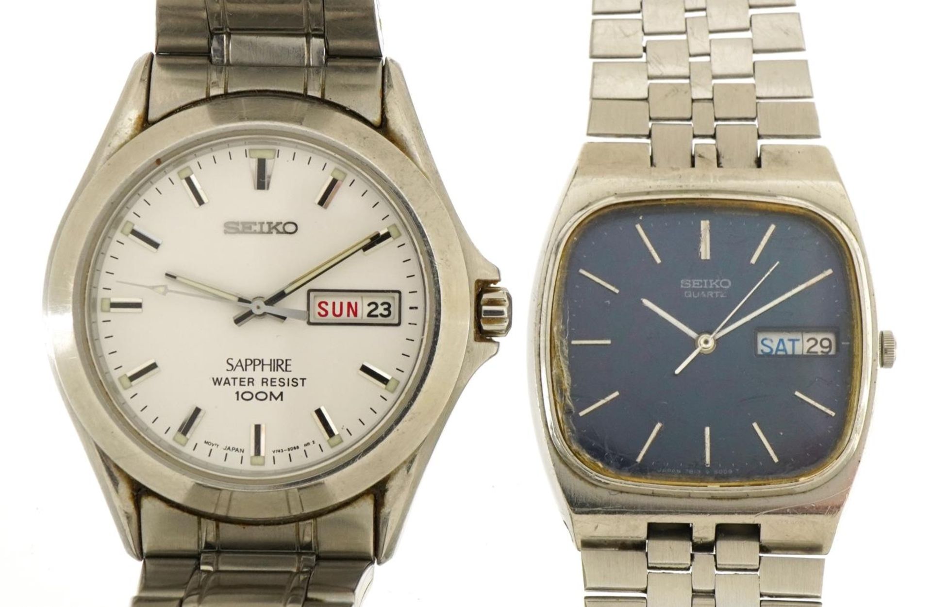 Two gentlemen's Seiko wristwatches, each with date aperture, including Sapphire 100m