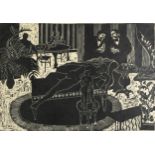 Annie Newnham - Interior scene with figures and nude female, pencil signed lithographic print,
