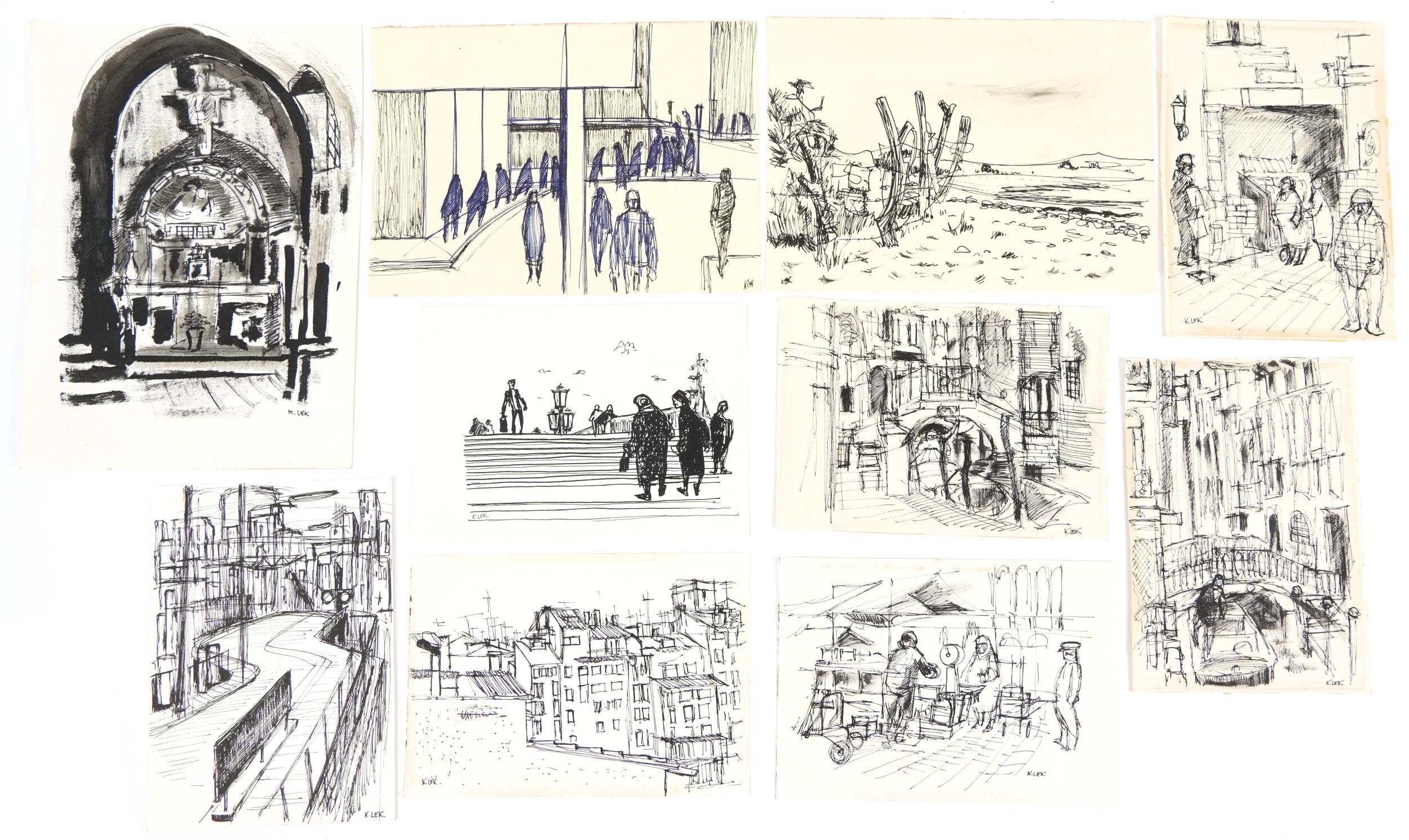 Karel Lek - Street scenes, figures and townscapes, ten Welsh ink and wash on paper, unframed, the