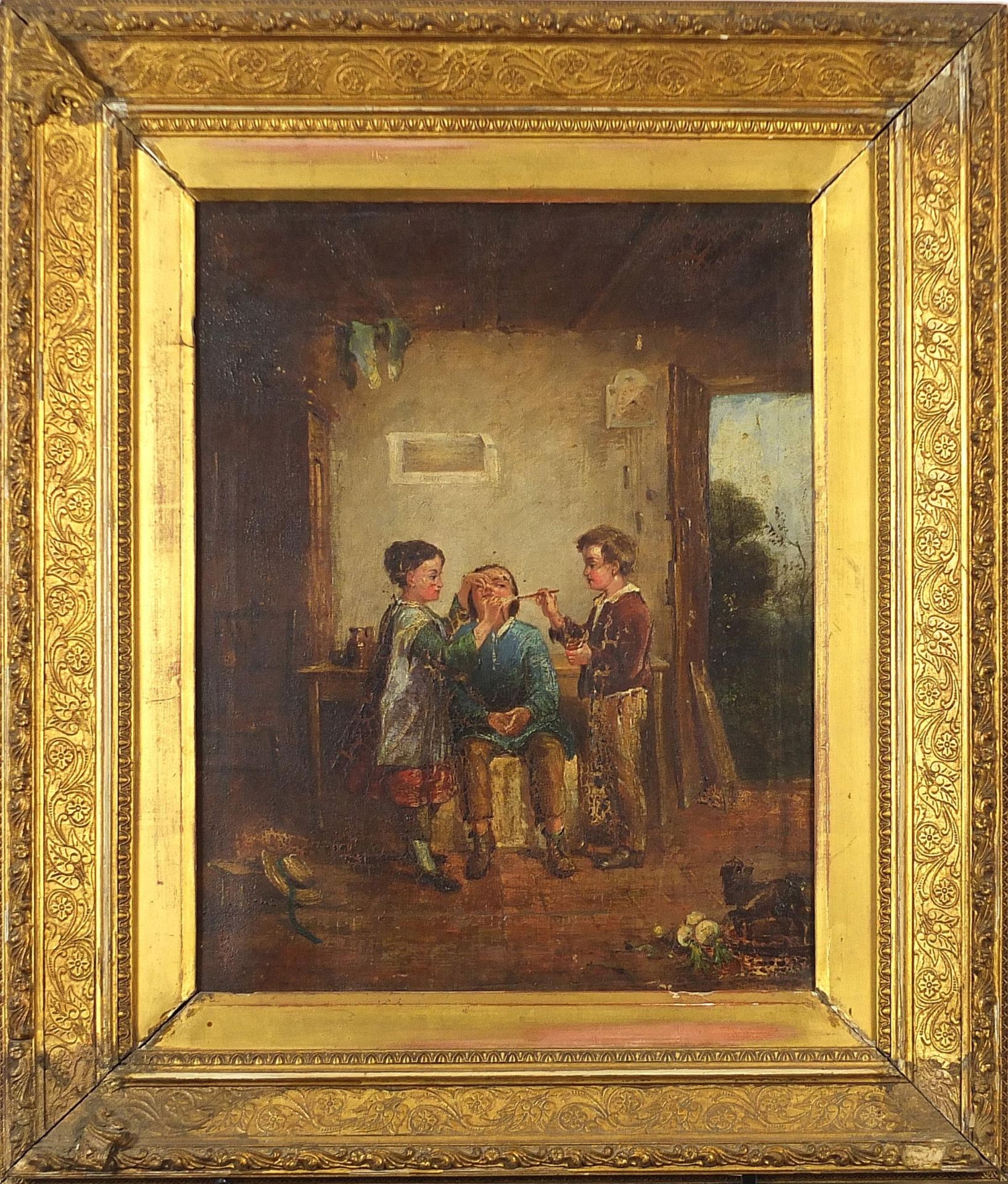 Three children in an interior, antique Dutch oil on canvas, mounted and framed, 40cm x 31.5cm - Bild 2 aus 3