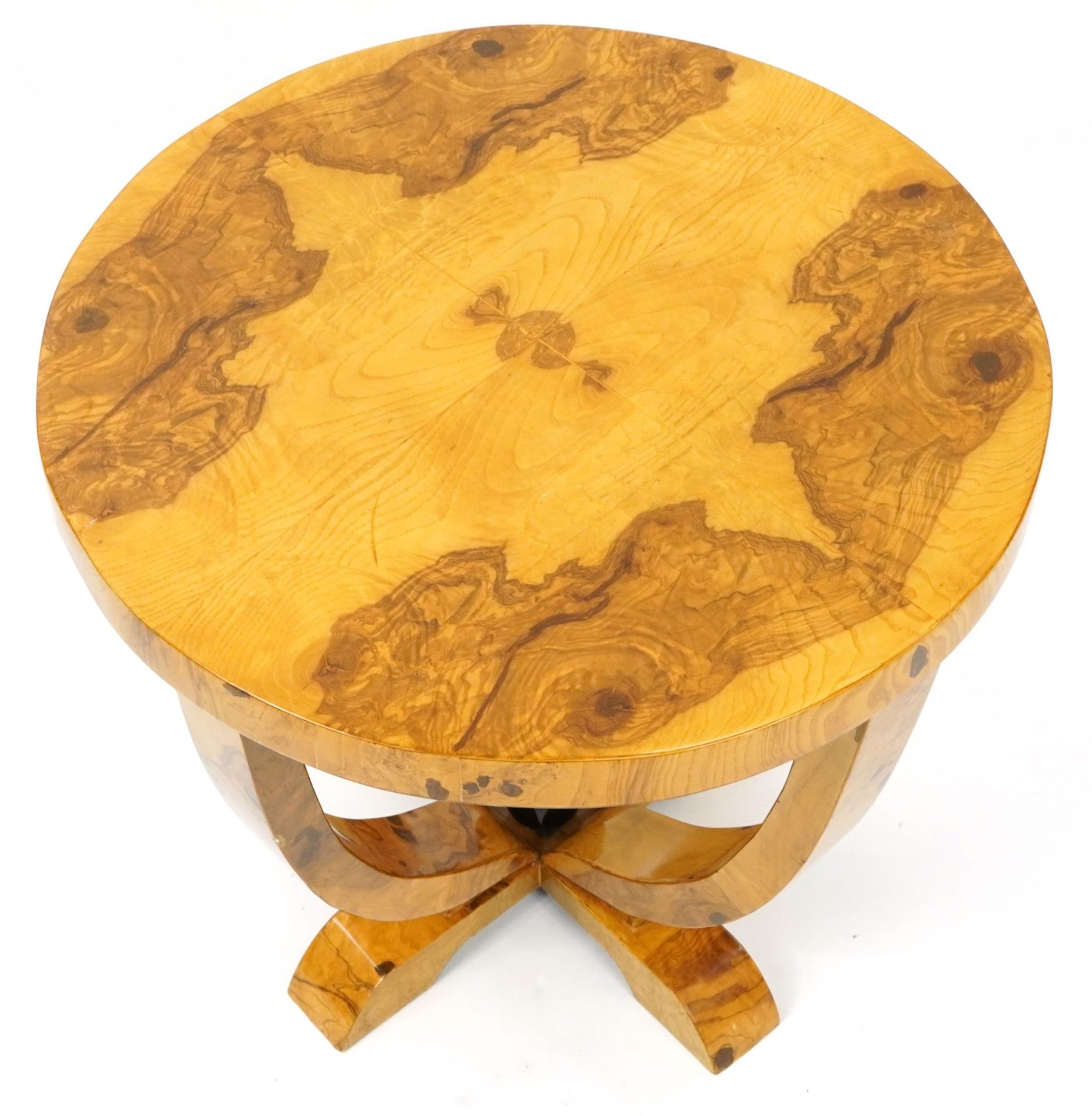 Art Deco style walnut effect circular occasional table, 55.5cm high x 58.5cm in diameter - Image 2 of 3