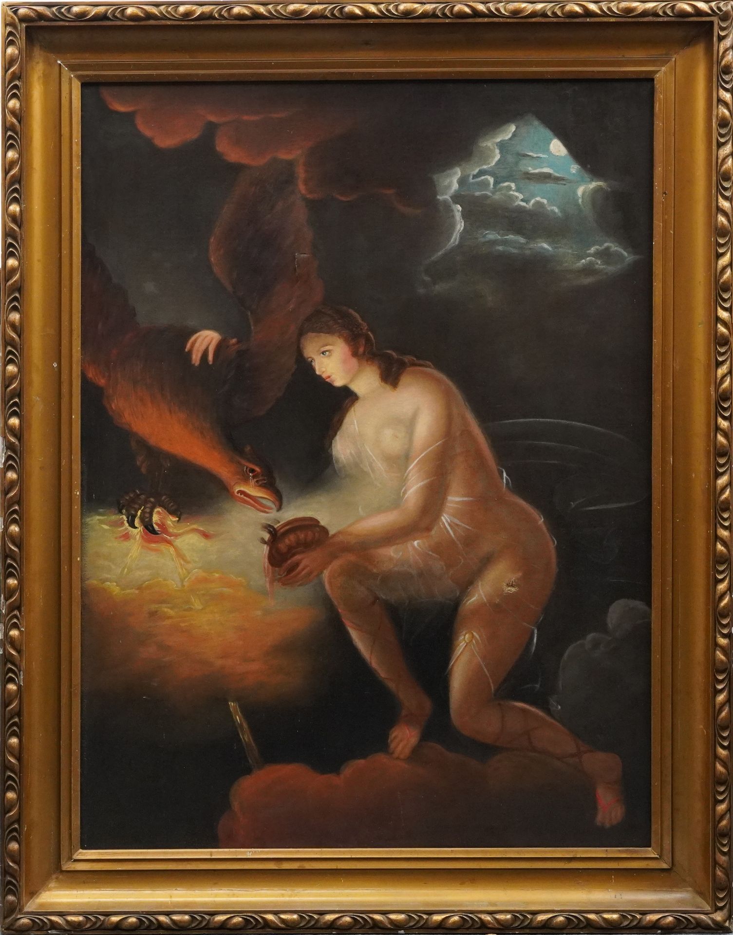 Nude female and phoenix before clouds, Old Master style oil on canvas housed in a gilt frame, - Bild 2 aus 4