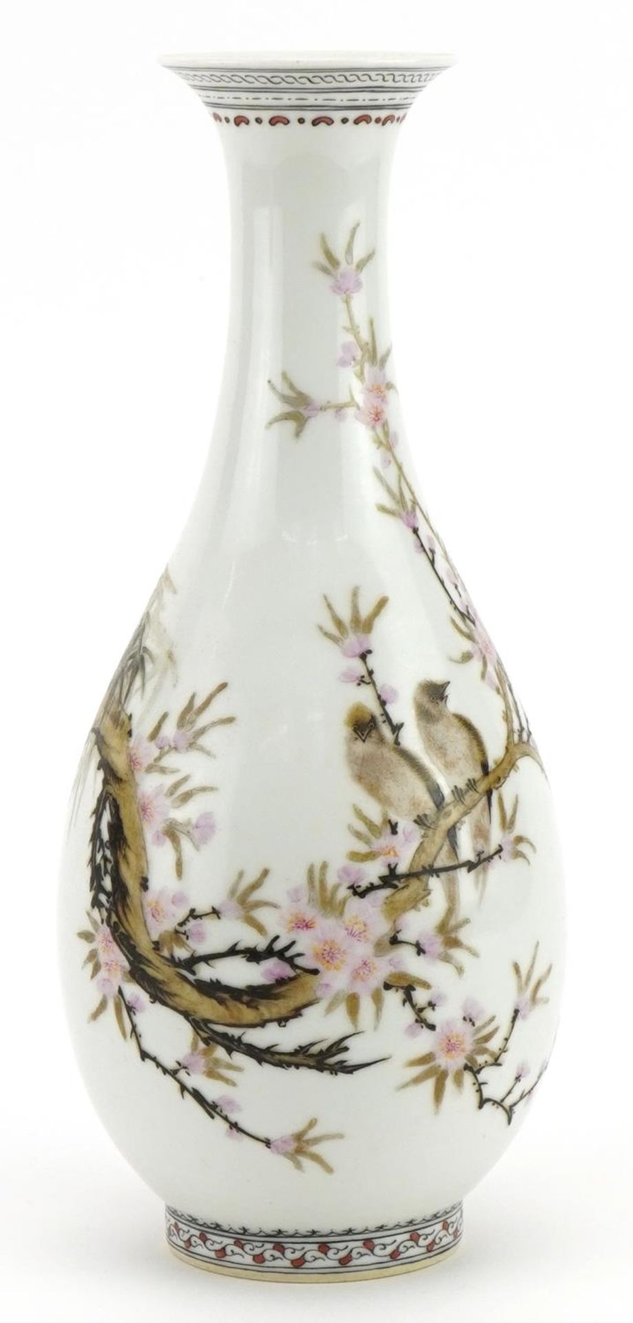 Chinese porcelain vase hand painted in the famille rose palette with two birds amongst blossom, with
