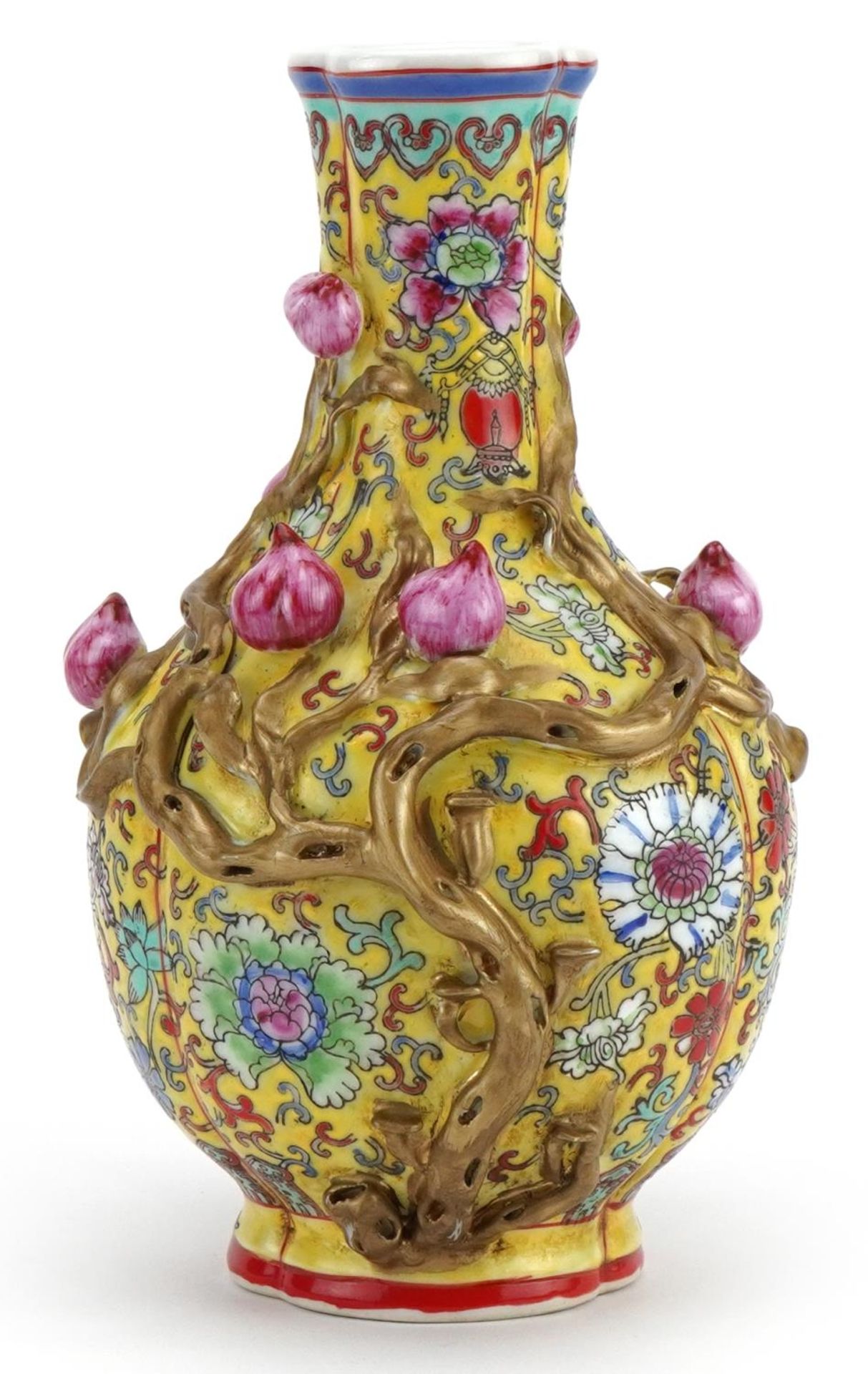 Chinese porcelain yellow ground vase decorated in relief with fruit, hand painted in the famille