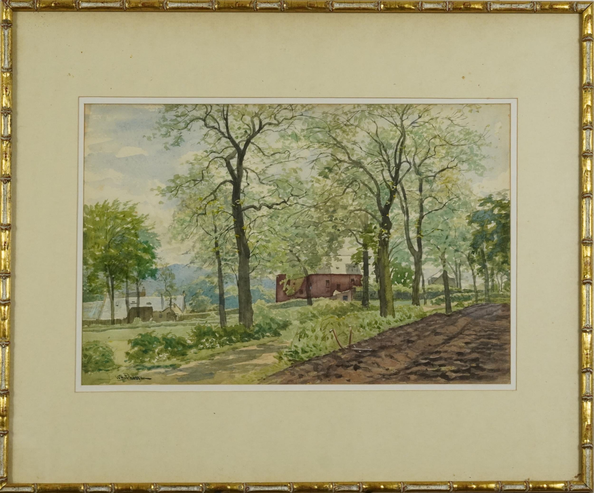 Walter Hutcheson - Rural landscape with tree lined path before buildings, late 19th/early 20th - Image 2 of 4