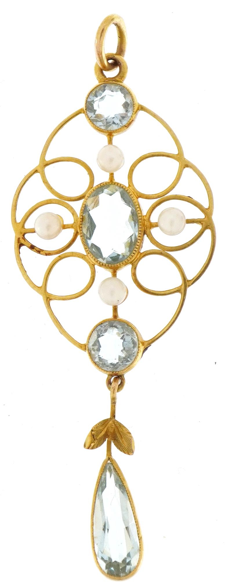 9ct gold aquamarine and seed pearl openwork drop pendant, 5.5cm high, 2.1g